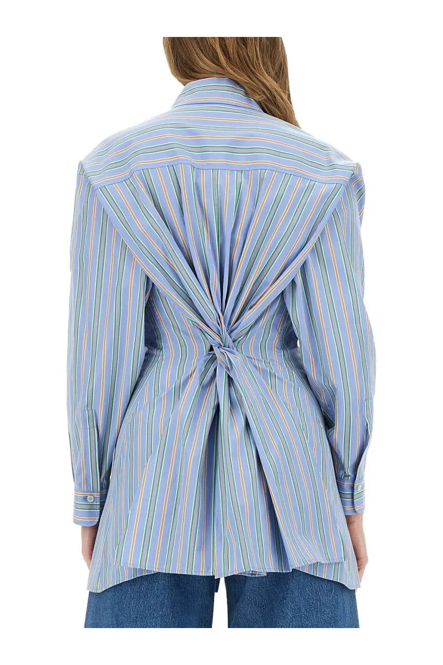 Etro women’s light blue and white jacquard striped blouse showing back side with distinctive knot design