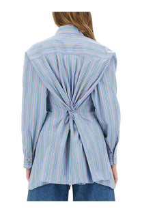 Etro women’s light blue and white jacquard striped blouse showing back side with distinctive knot design