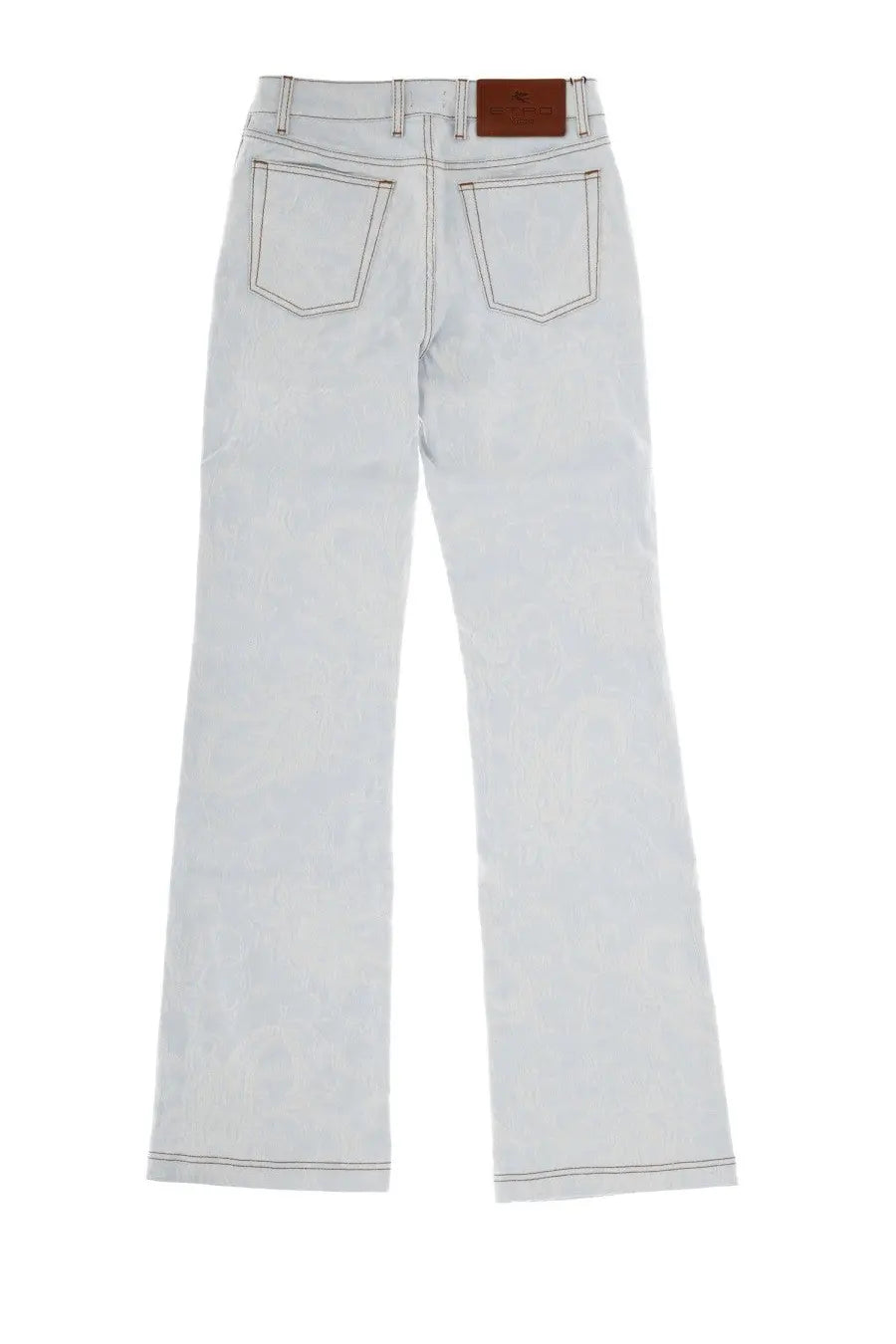 Light-wash denim flare jeans by etro with a brown leather brand patch at the waistband back view