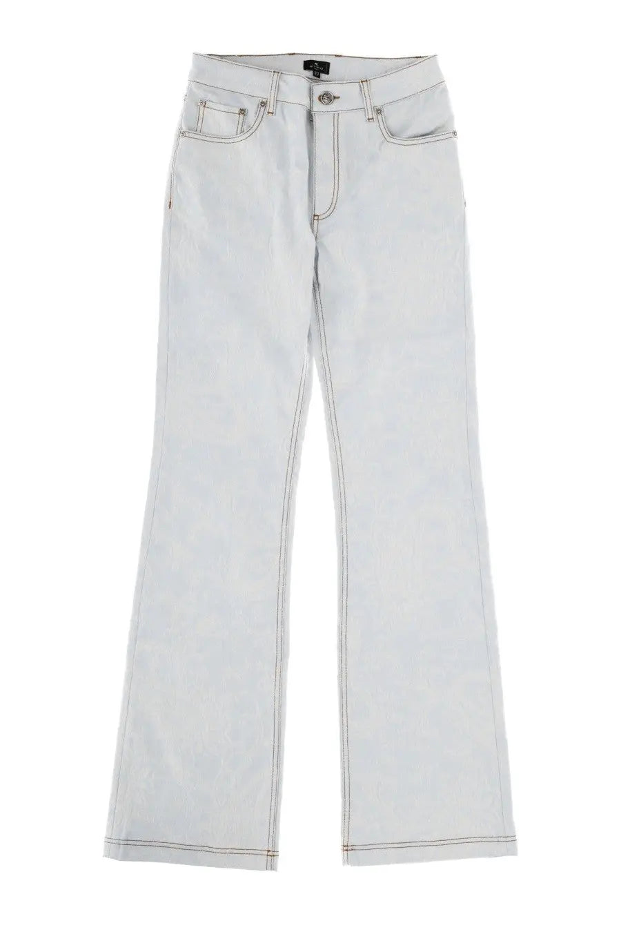 Etro women’s light-wash denim flare jeans with contrasting dark stitching and classic five-pocket design in blue
