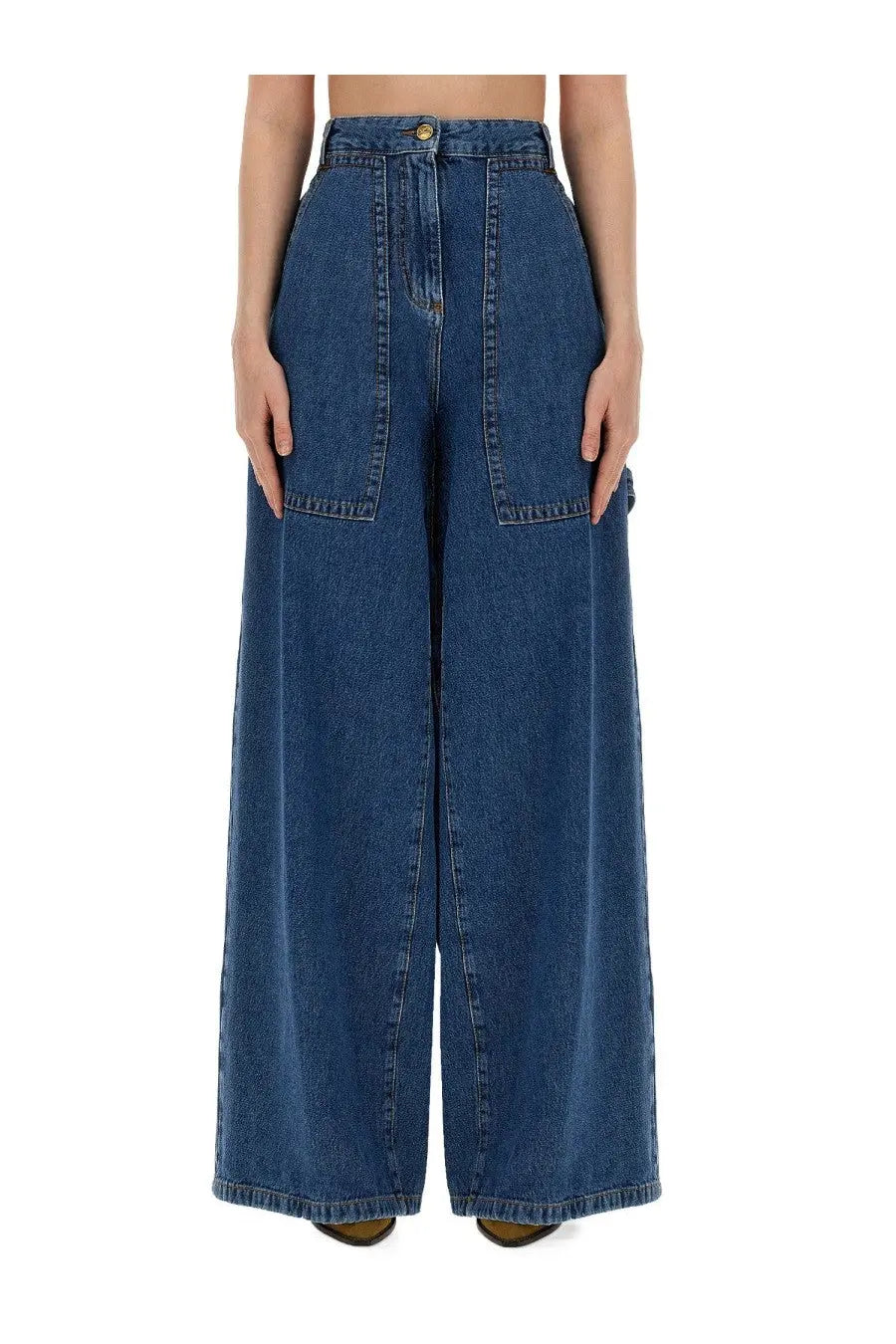 Etro women’s jeans wide leg blue high waisted denim trousers in medium blue wash with front pockets and visible stitching