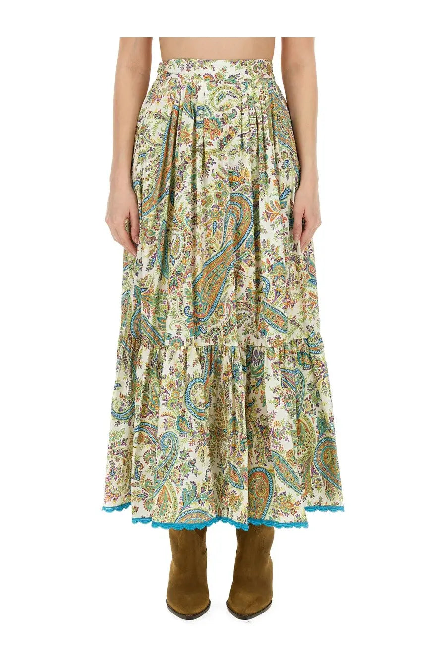 Etro women’s long skirt with flowing cream maxi fabric, intricate teal olive green and rust paisley, scalloped hem detailing
