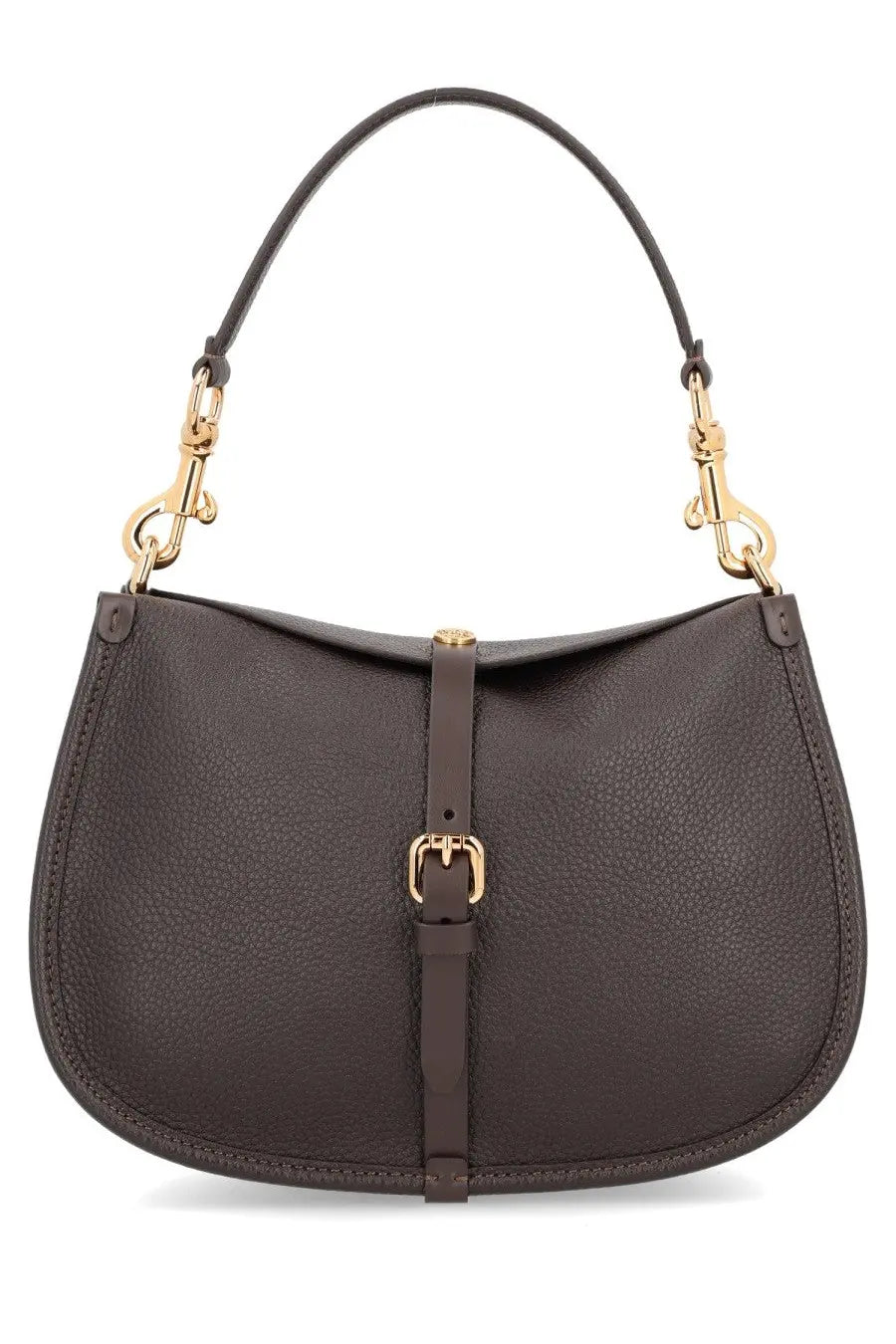 Etro women’s medium pony bag black dark brown pebbled leather handbag with gold-tone hardware and central buckle strap