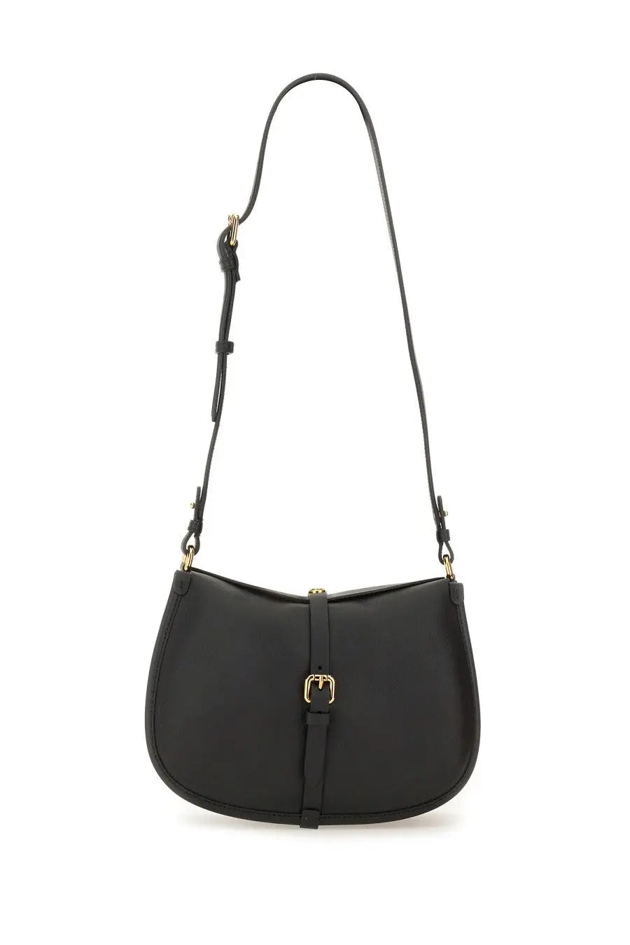 Etro women’s medium black leather crossbody pony bag with gold-tone buckle and adjustable strap
