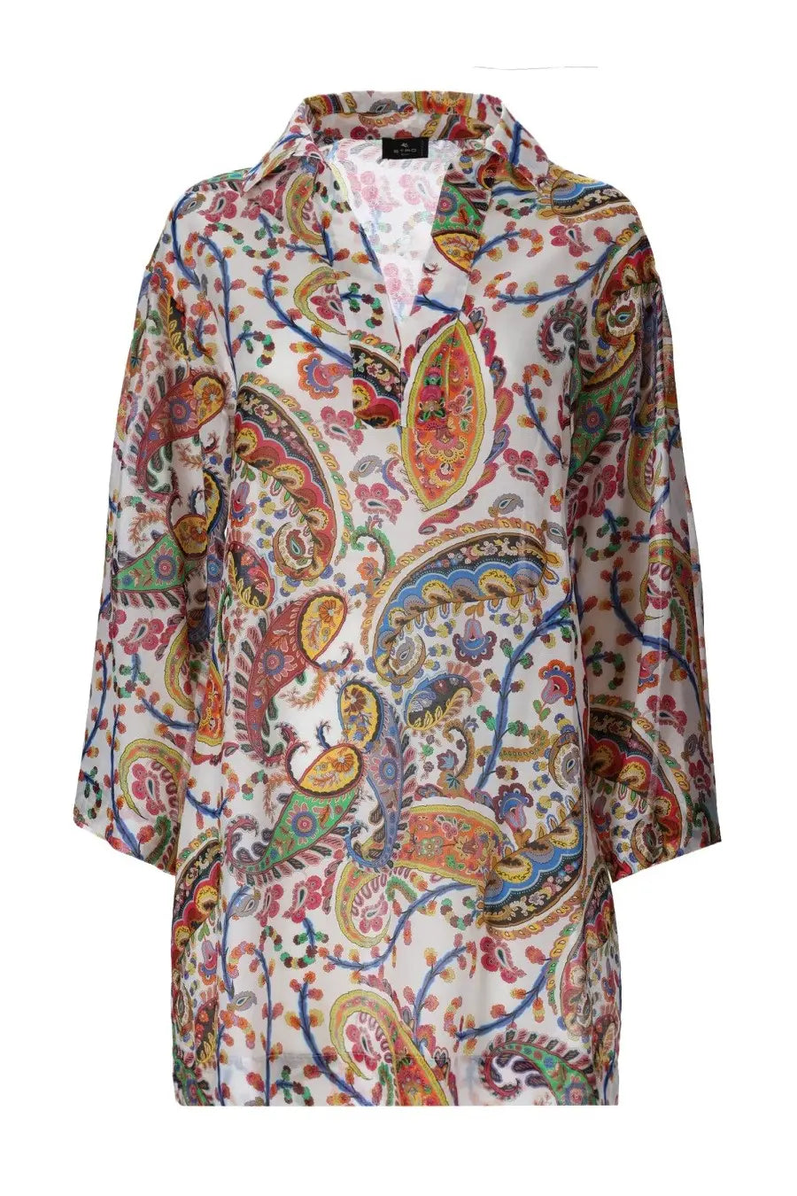 Etro women’s mini dress featuring a vibrant paisley pattern in red blue green and gold on a white background