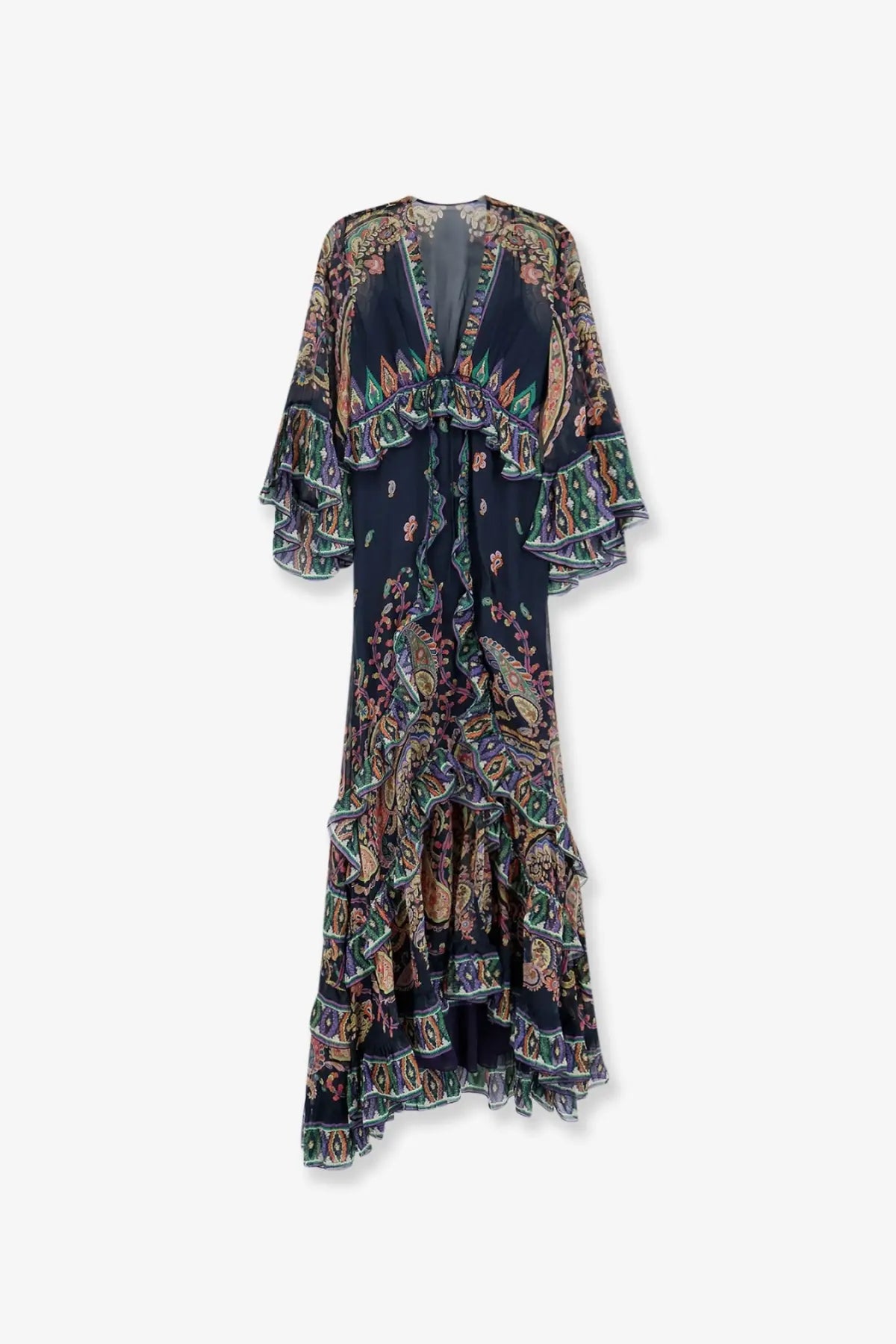 Etro women’s multicolor silk long dress in navy blue with intricate paisley floral patterns ruffled sleeves layered hemline