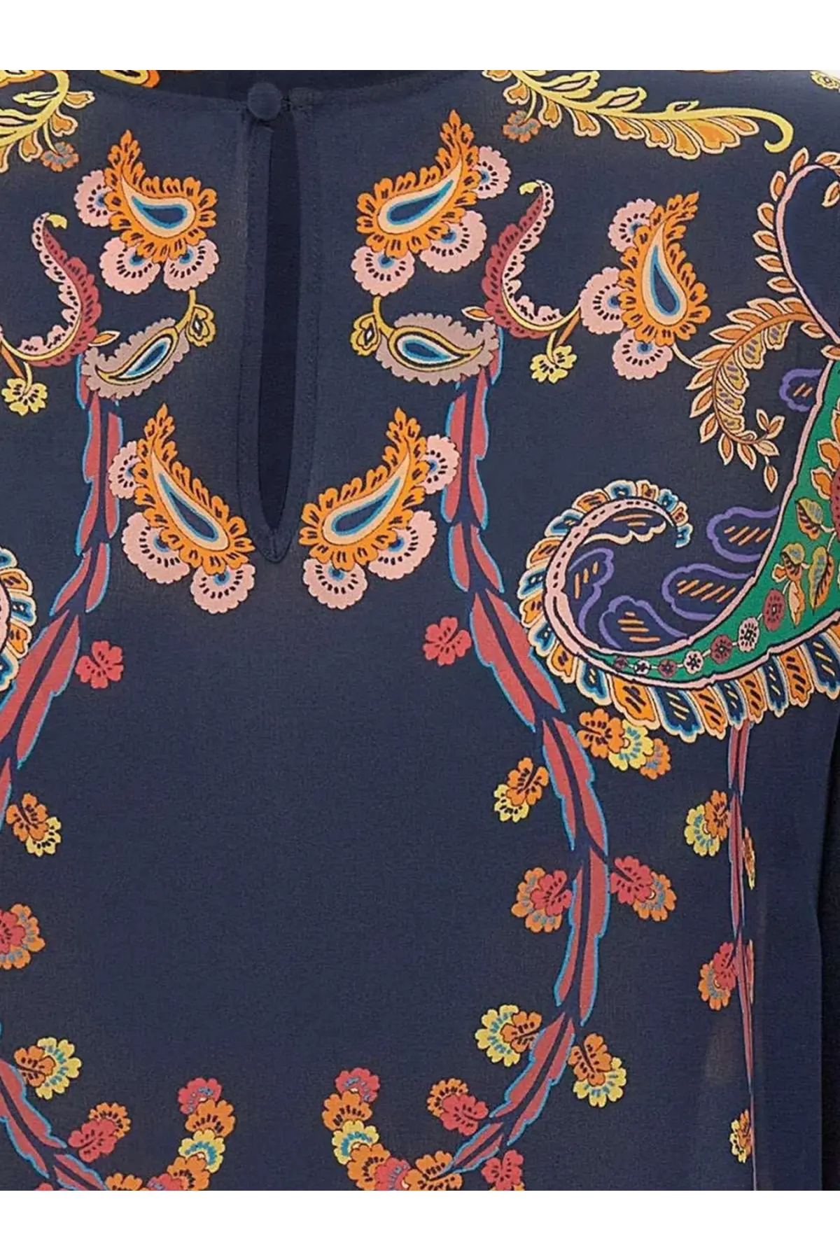 A navy blue silk blouse with vibrant orange pink and teal paisley pattern from ETRO women’s multicolor silk shirt gold collection