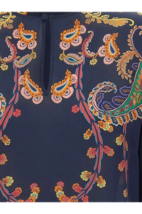 A navy blue silk blouse with vibrant orange pink and teal paisley pattern from ETRO women’s multicolor silk shirt gold collection