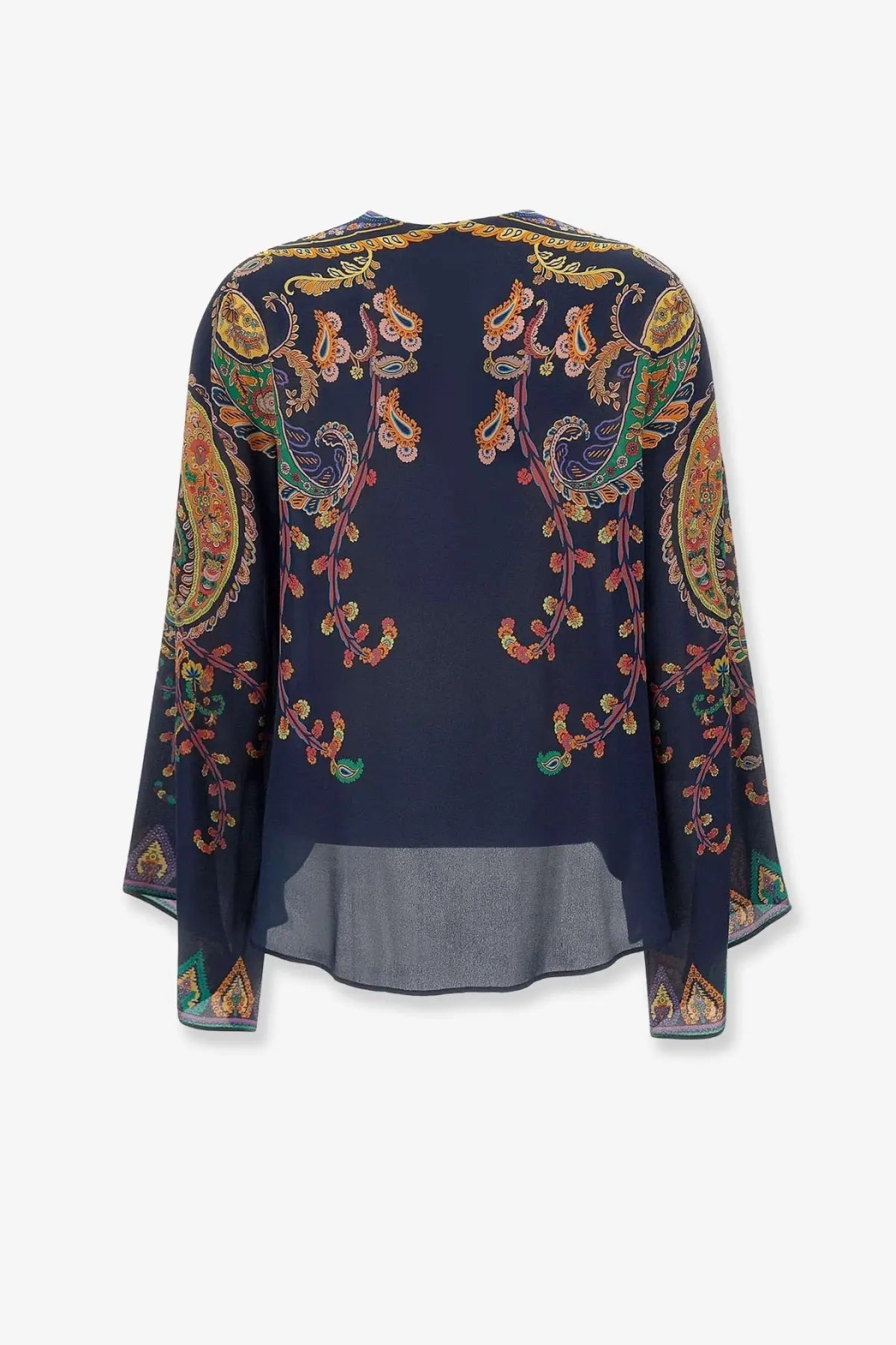 Etro women’s multicolor silk shirt gold navy blue sheer blouse with intricate gold green and orange paisley pattern