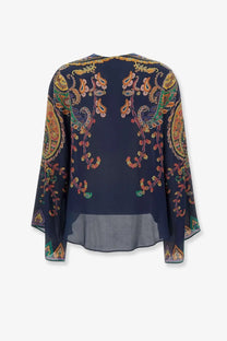 Etro women’s multicolor silk shirt gold navy blue sheer blouse with intricate gold green and orange paisley pattern