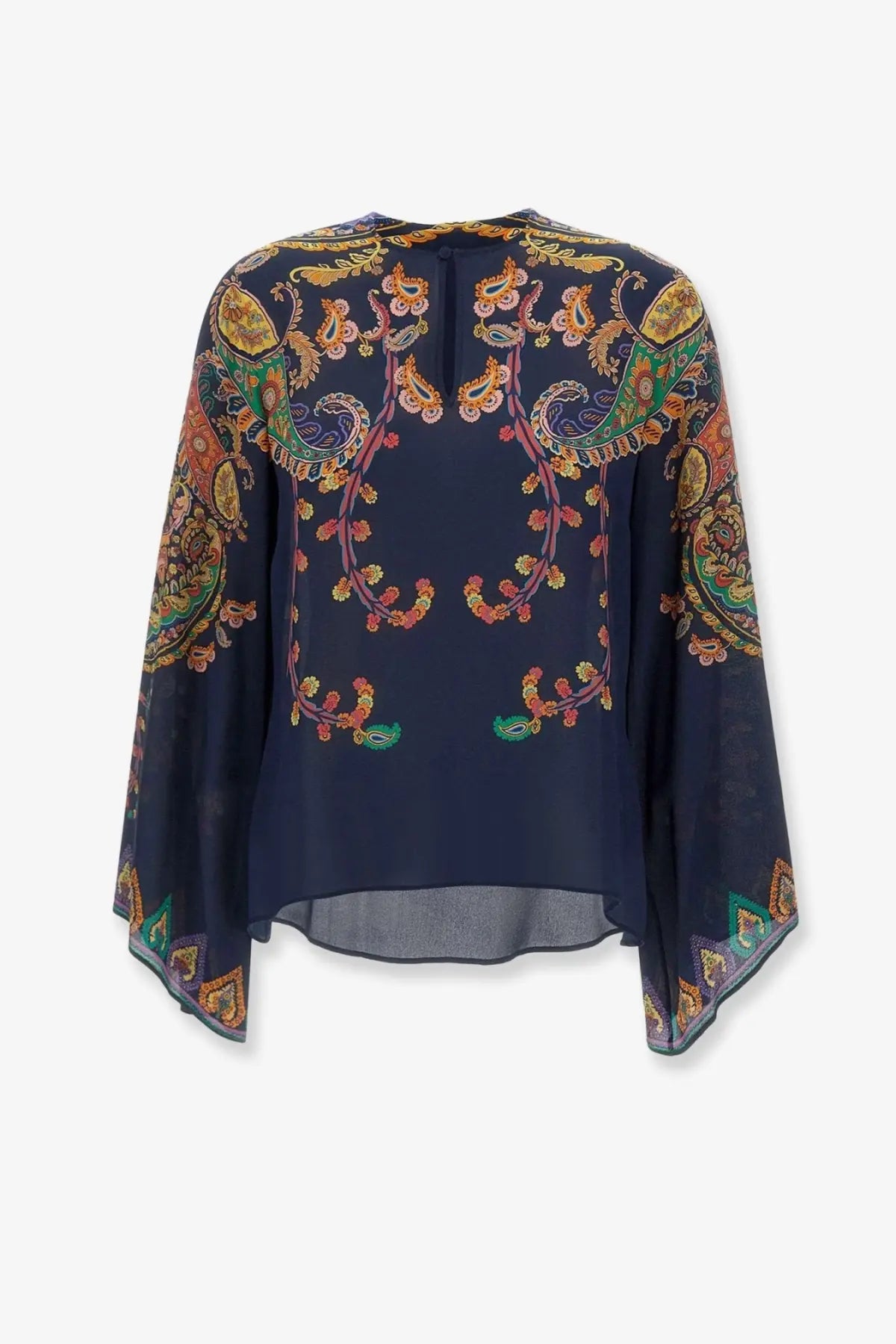 A navy blue sheer ETRO women’s silk blouse with a vibrant gold orange green and purple paisley pattern