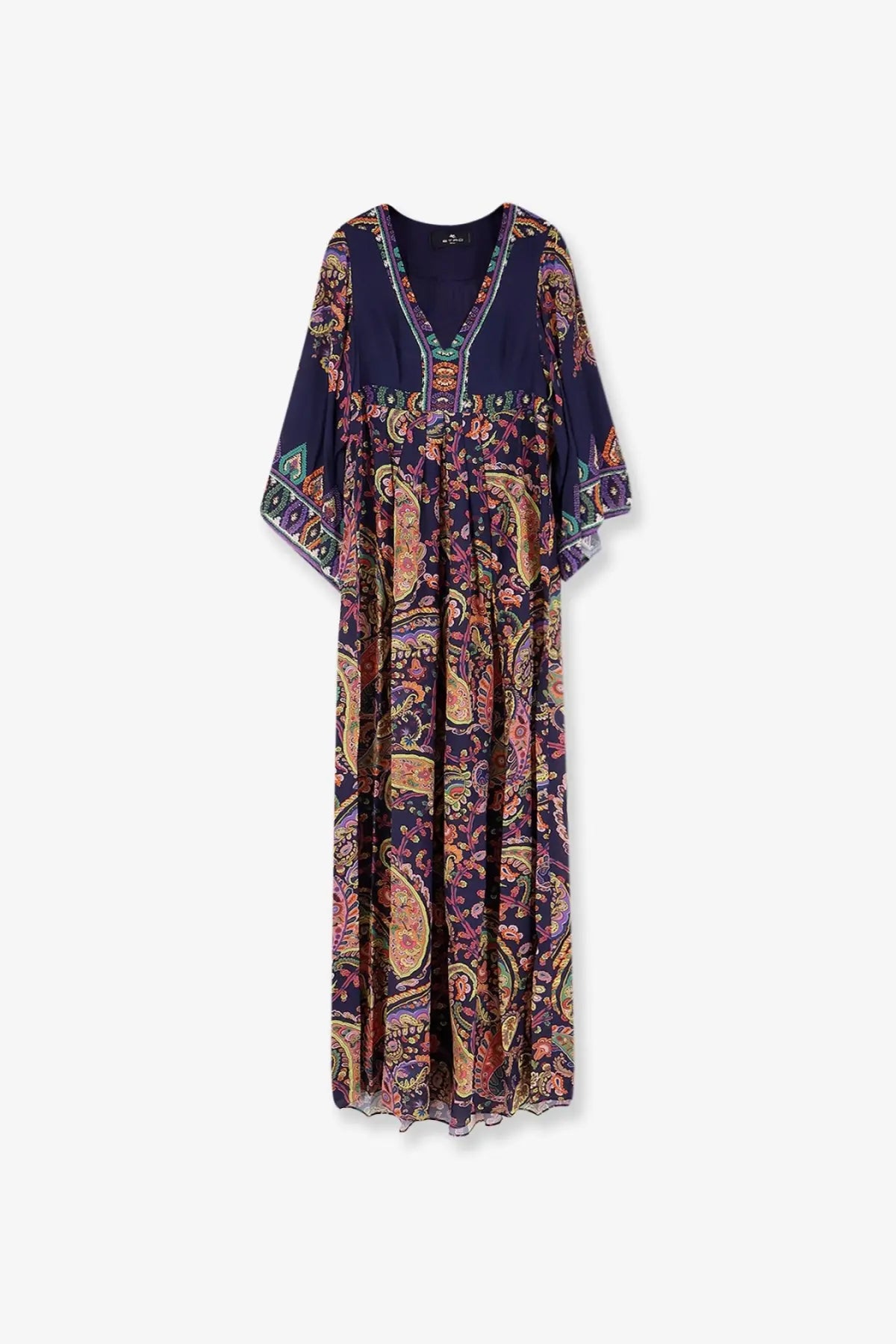 Etro women’s multicolor viscose long dress in navy blue with vibrant paisley pattern and embroidered neckline detailing