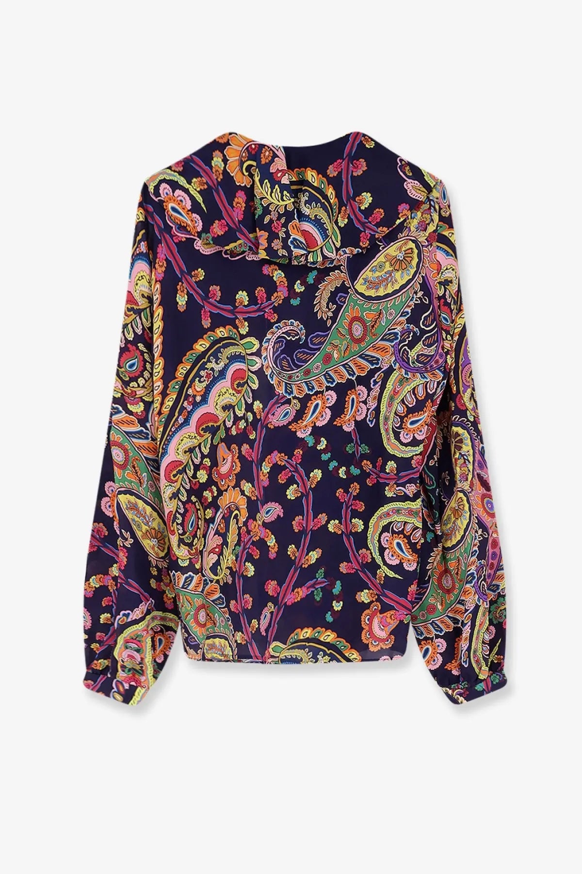 Navy blue ETRO womens viscose blouse with vibrant multicolor paisley floral and swirling patterns
