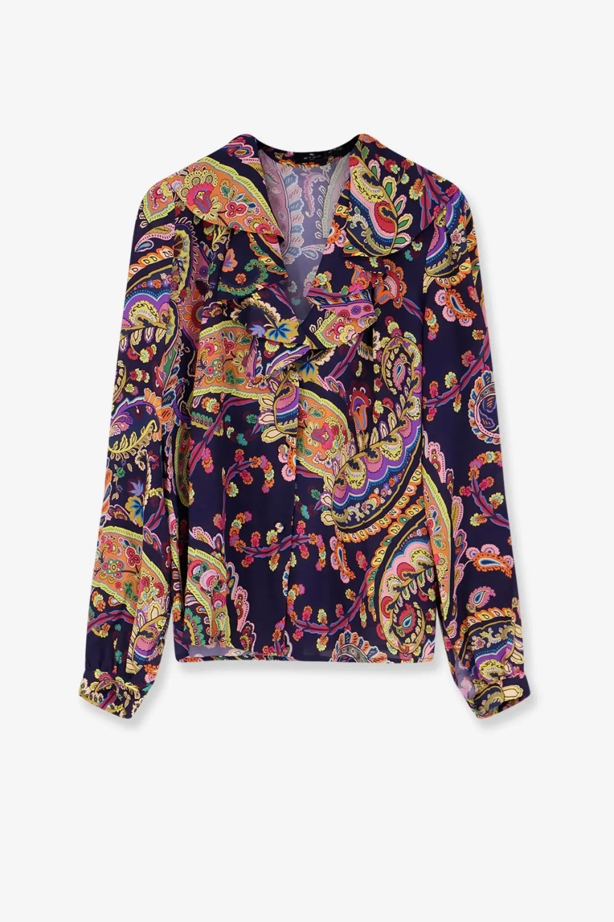 A vibrant navy blue etro women’s viscose blouse with a bold paisley pattern accented in gold and pink