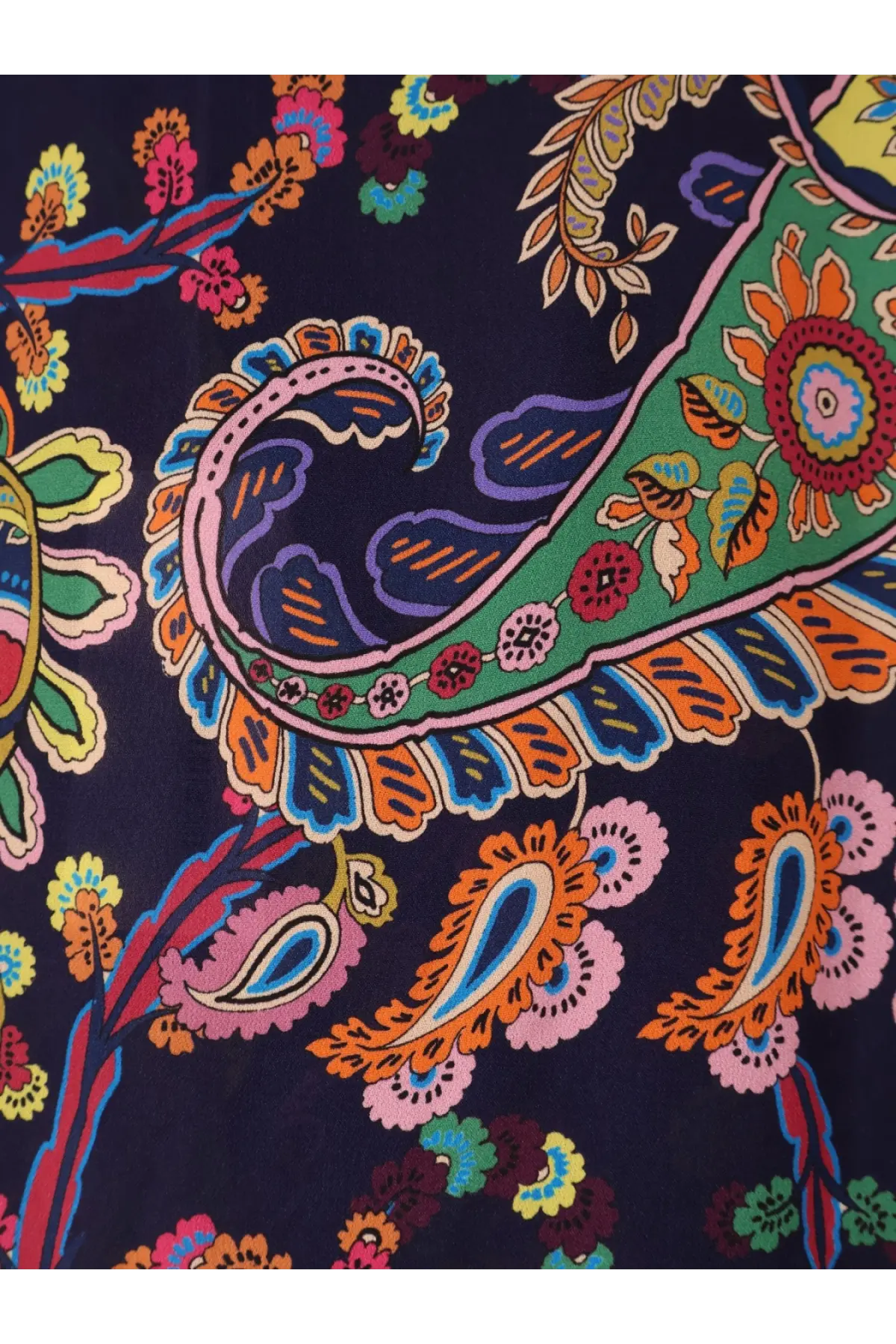 Etro women’s multicolor viscose shirt featuring a vibrant navy paisley and floral patterned scarf with bold accents