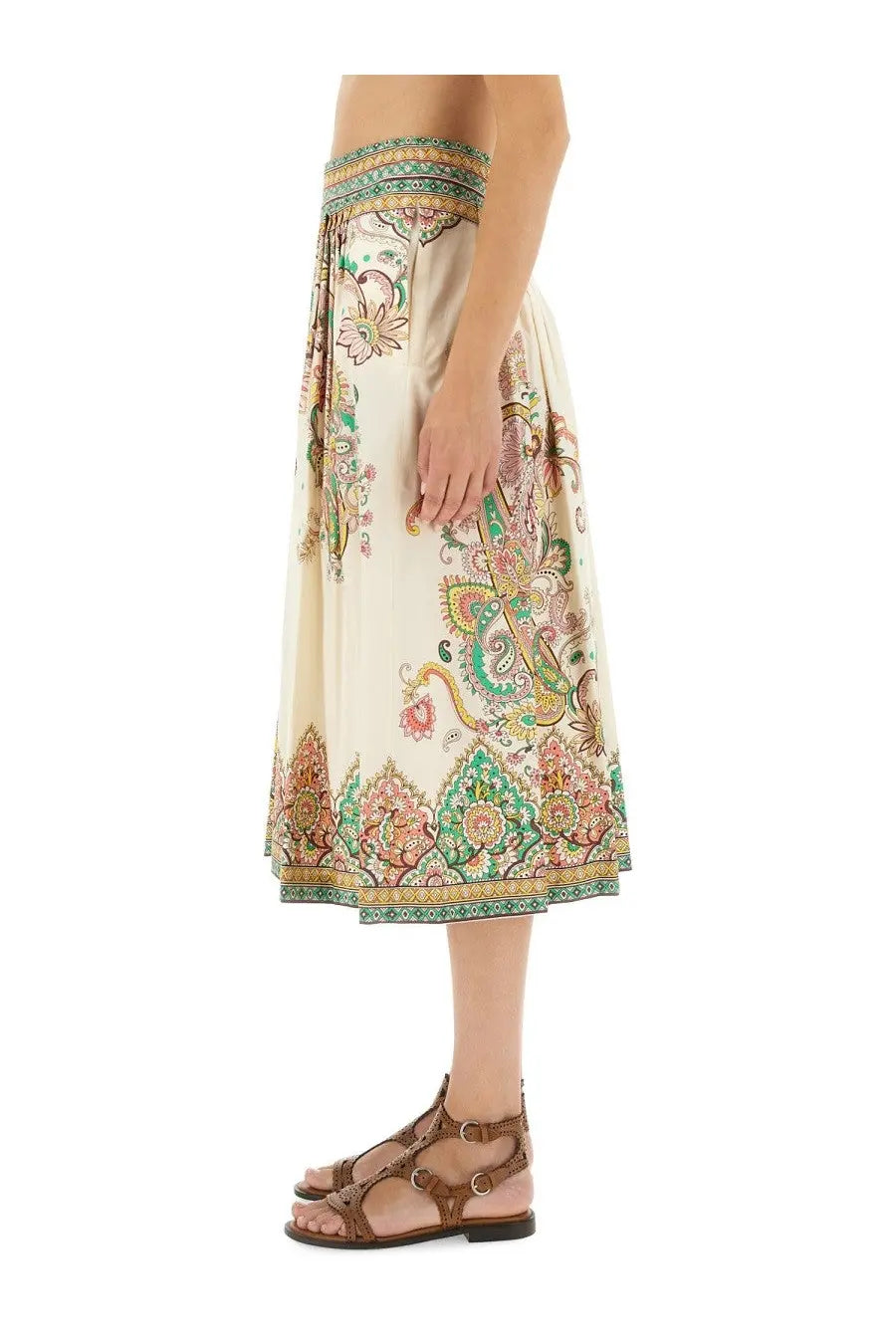 Etro women’s paisley print cream midi skirt with intricate green pink gold pattern and matching embroidered border