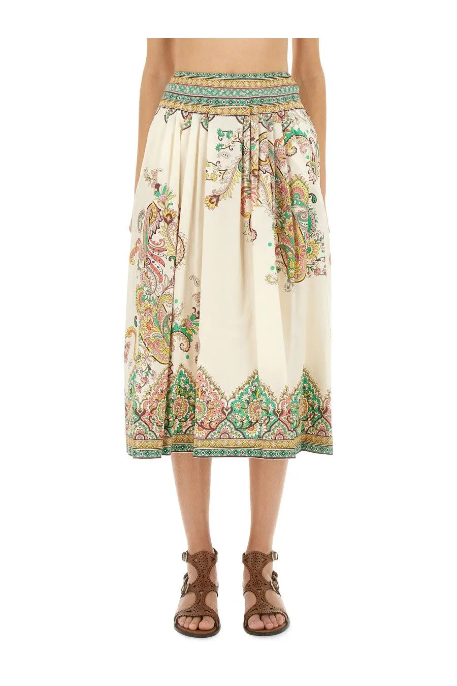 Cream-colored etro women’s midi skirt with green gold pink paisley print and decorative embroidered waistband
