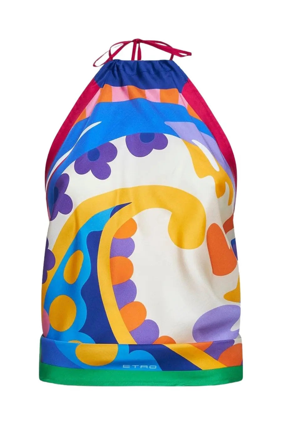 Etro women’s paisley print silk top featuring a vibrant multicolored abstract drawstring bag with bold swirls