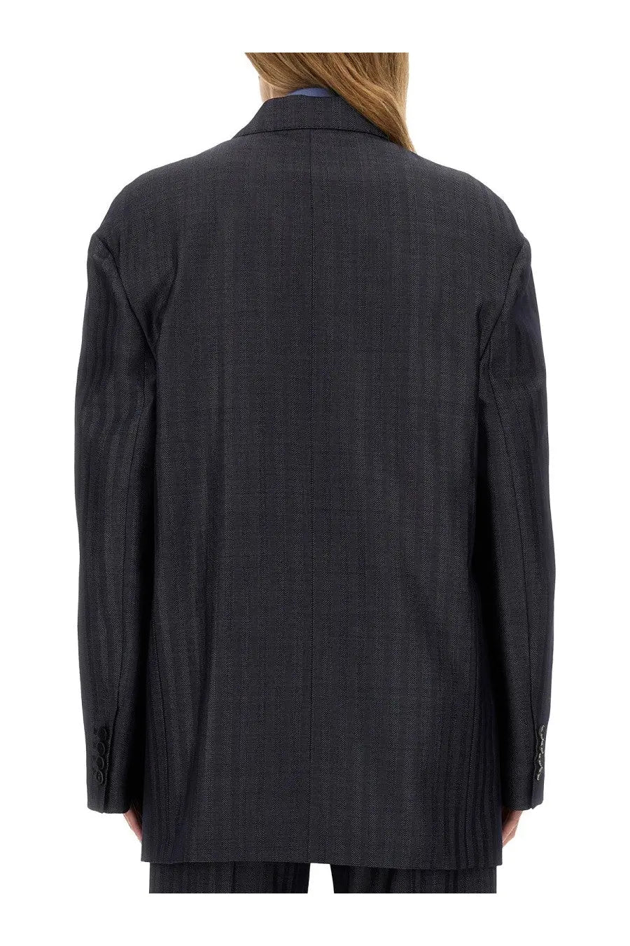 Etro women’s pegasus buttoned over jacket grey with black textured blazer featuring subtle herringbone pattern and structured shoulders