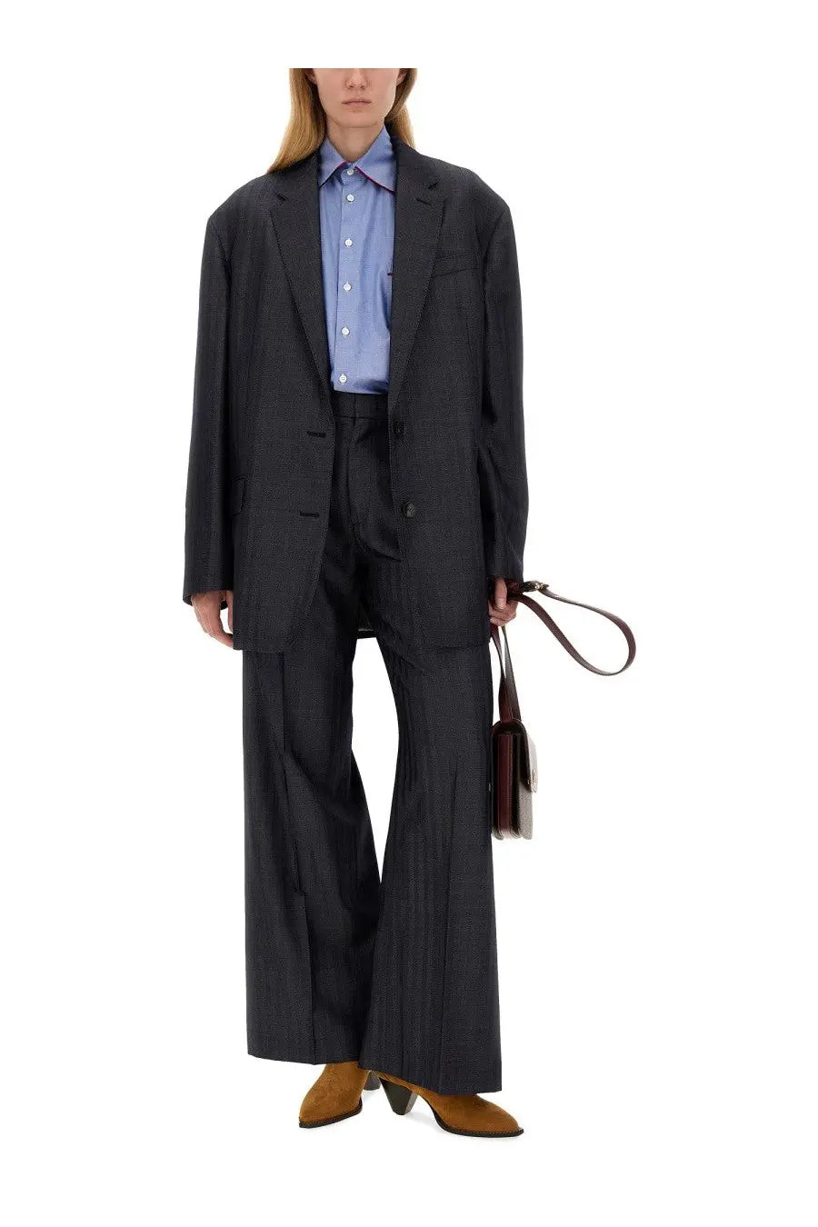 Etro women’s dark gray pinstripe suit with wide-leg trousers and matching blazer worn over a light blue shirt