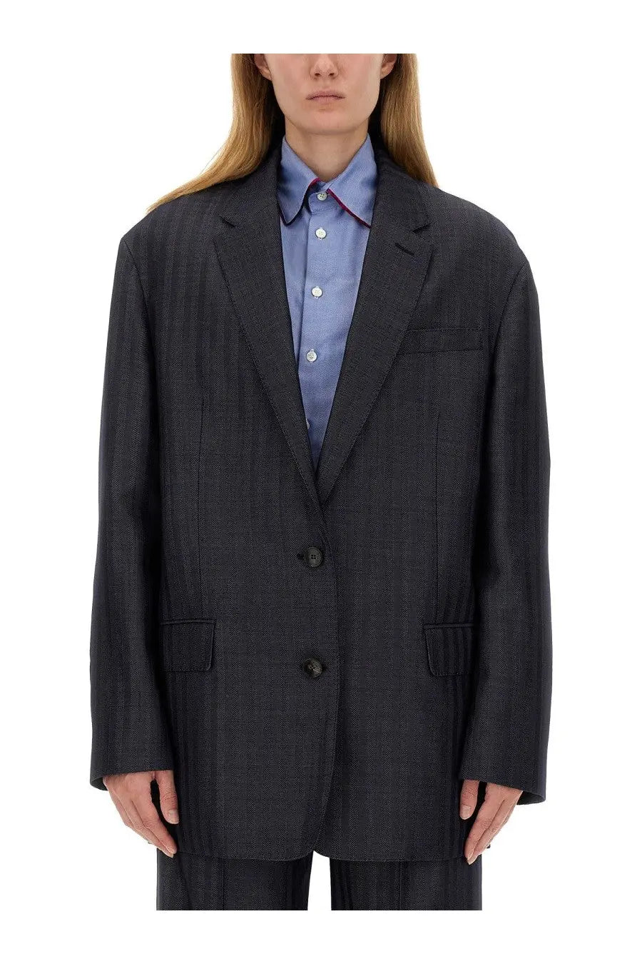 Dark gray textured etro women’s pegasus blazer with subtle stripes and three black buttons