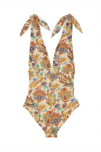 Etro women’s printed one piece swimsuit in multicolor paisley and floral pattern with tied shoulder straps on off-white base
