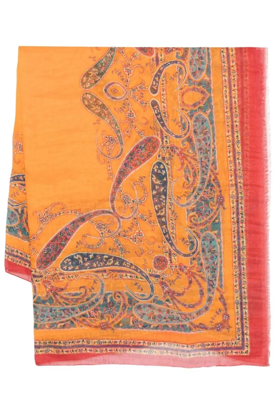 Etro women’s printed scarf multicolor features a vibrant orange fabric with teal burgundy gold paisley patterns and a red border