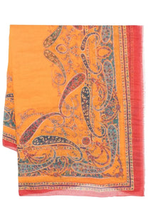 Etro women’s printed scarf multicolor features a vibrant orange fabric with teal burgundy gold paisley patterns and a red border