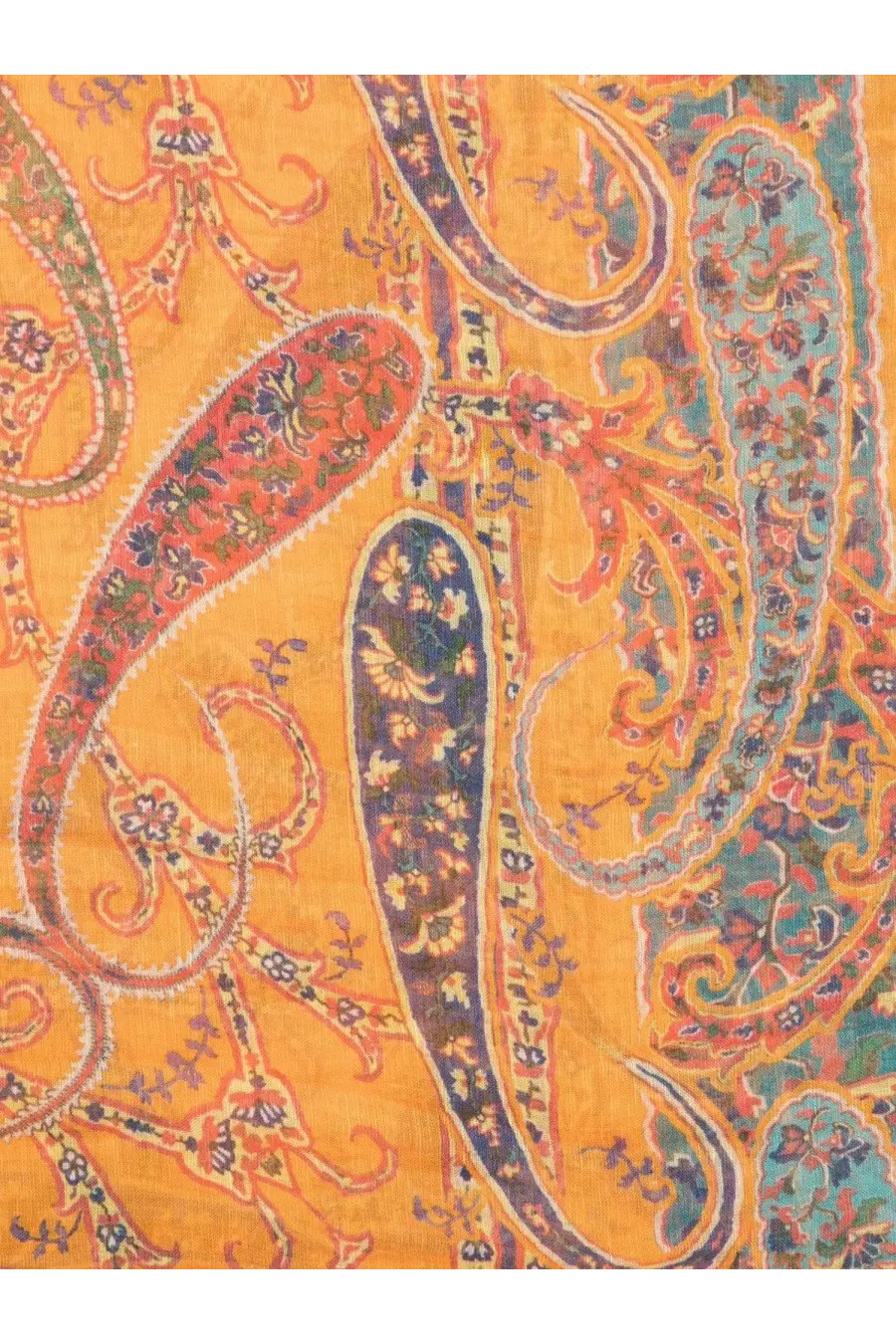 Etro women’s multicolor printed scarf featuring vibrant orange paisley with teal red and gold floral patterns