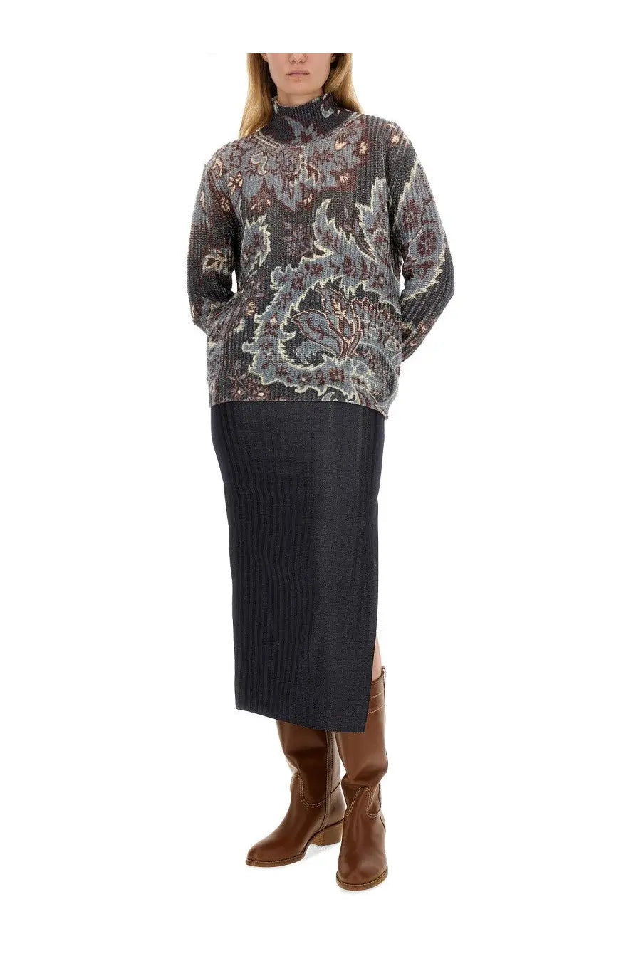 Etro women’s dark gray wool sweater with intricate multicolored silver and muted pink floral pattern
