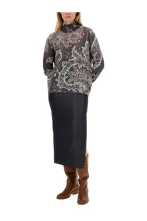 Etro women’s dark gray wool sweater with intricate multicolored silver and muted pink floral pattern