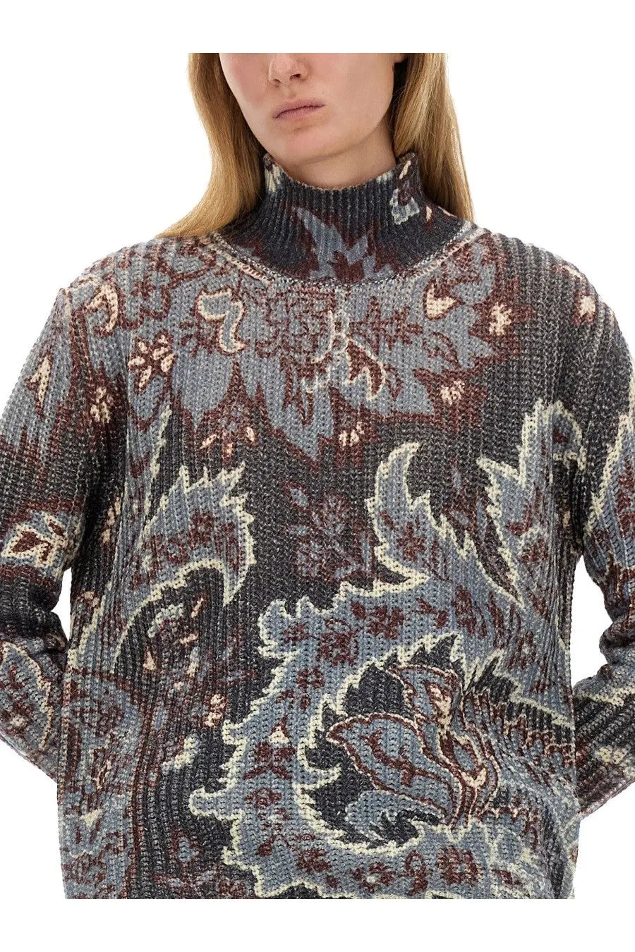 Etro women’s printed wool sweater with high neck knit in muted blue gray featuring floral burgundy cream and dark gray patterns