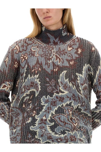 Etro women’s printed wool sweater with high neck knit in muted blue gray featuring floral burgundy cream and dark gray patterns