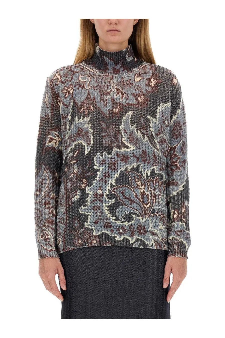 Etro women’s printed wool sweater in multicolor with high neck long sleeves and intricate paisley pattern in gray brown cream