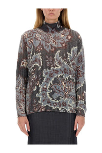 Etro women’s printed wool sweater in multicolor with high neck long sleeves and intricate paisley pattern in gray brown cream