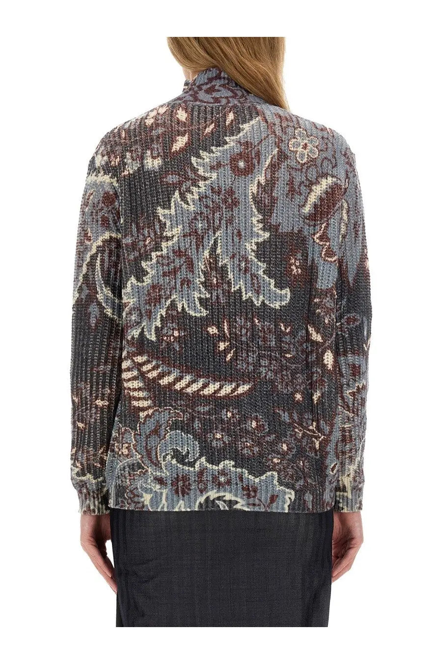 Etro women’s printed wool sweater in muted gray and burgundy paisley with ribbed detailing and textured long sleeves