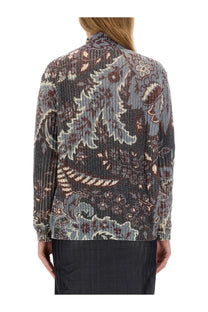 Etro women’s printed wool sweater in muted gray and burgundy paisley with ribbed detailing and textured long sleeves