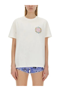 Etro women’s white cotton shirt with delicate embroidered floral wreath in pink and blue on the left chest