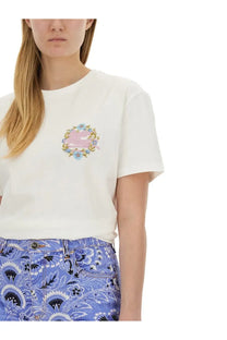 Etro women’s white cotton t-shirt with delicate embroidered pastel pink and blue floral wreath on left chest