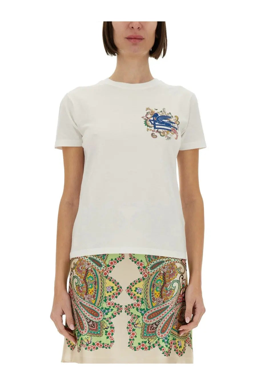 Etro women’s white cotton t-shirt featuring a colorful embroidered dragon motif on the left chest