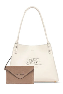 ETRO Women’s Libra Medium White leather tote with braided handles and taupe suede clutch