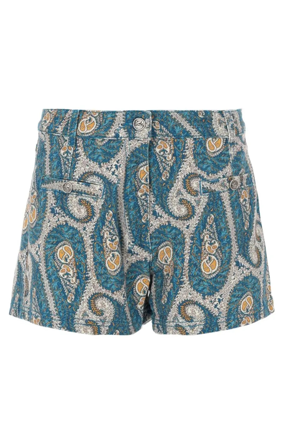 Etro women’s blue and beige paisley-patterned shorts with button closure perfect for casual summer wear