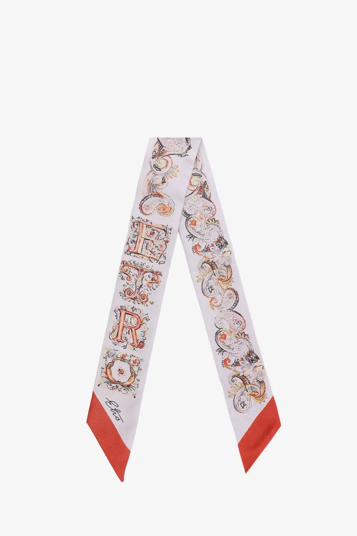 Etro womens silk bandeau gold featuring white silk with vintage orange and brown floral motifs and coral red ends