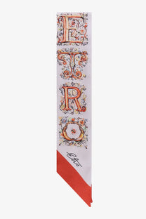 Etro women’s silk bandeau gold white silk scarf with vintage gold orange lettering and red triangular accent band