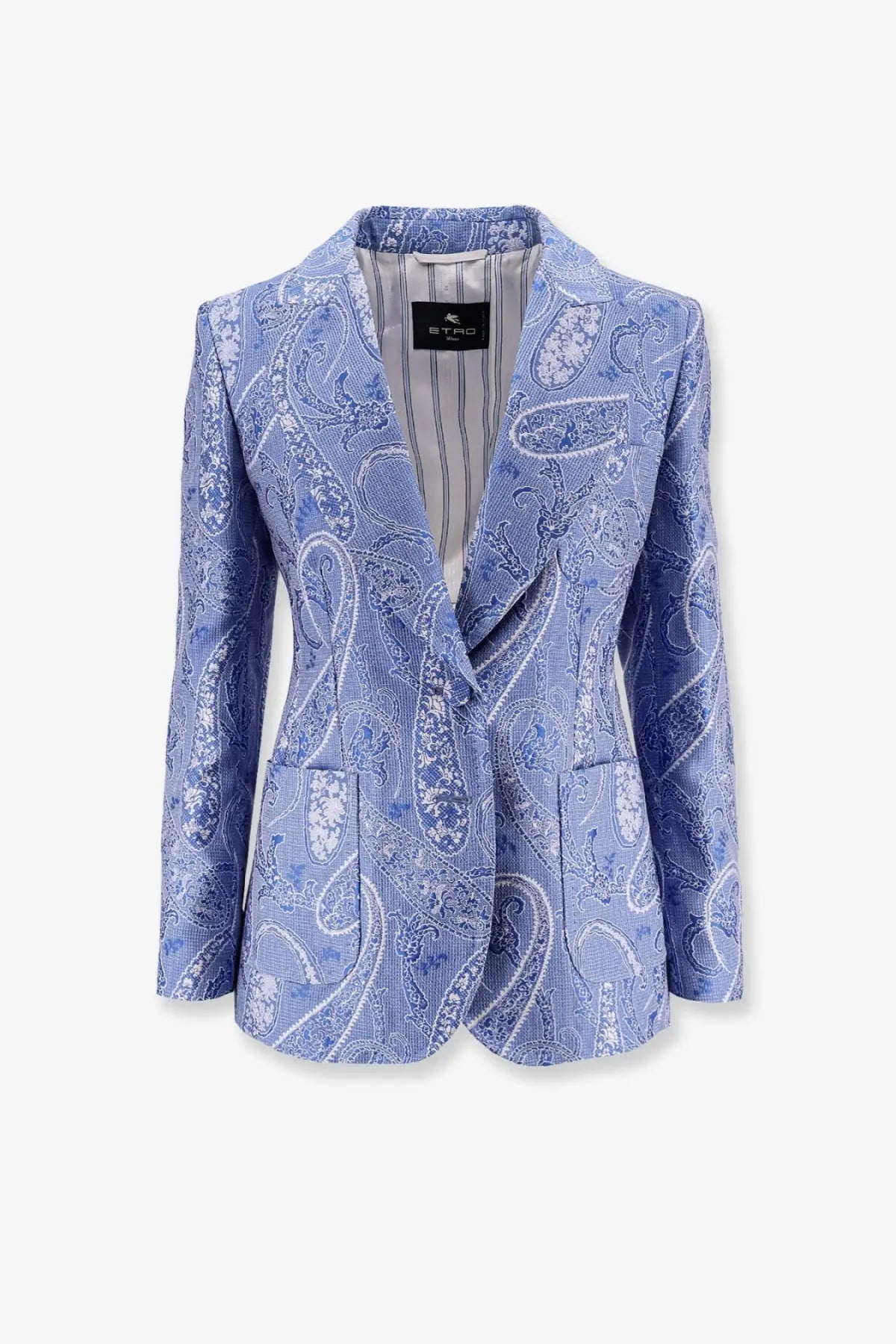 Etro womens silk blend single breasted blazer in light blue paisley