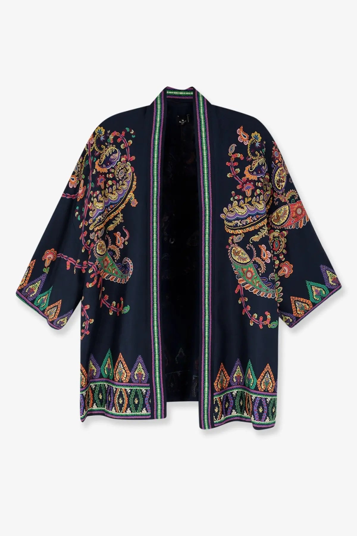 Etro womens silk kimono shirt in navy blue with gold paisley patterns