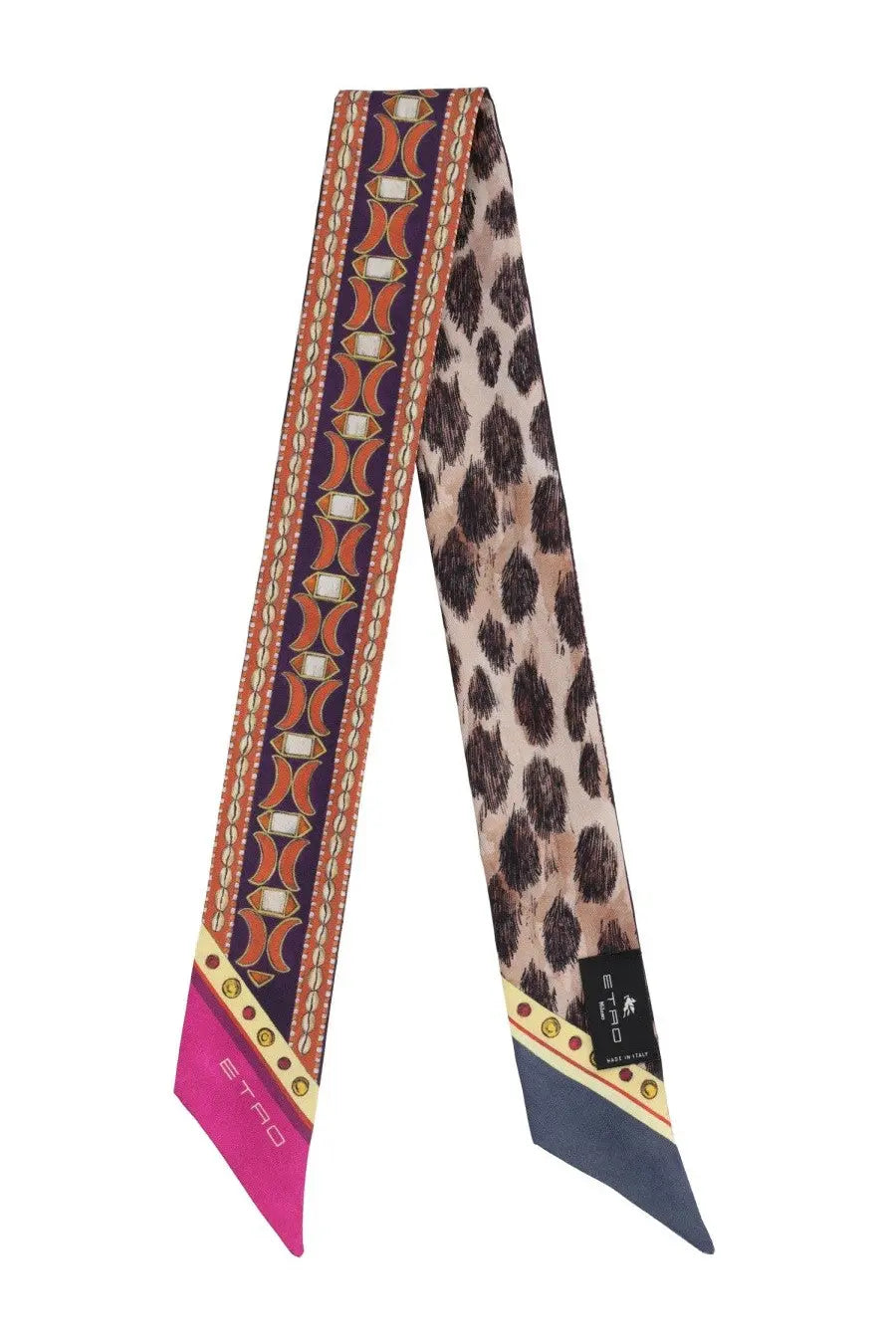 Etro womens silk scarf with bold leopard print in pink navy earthy tones