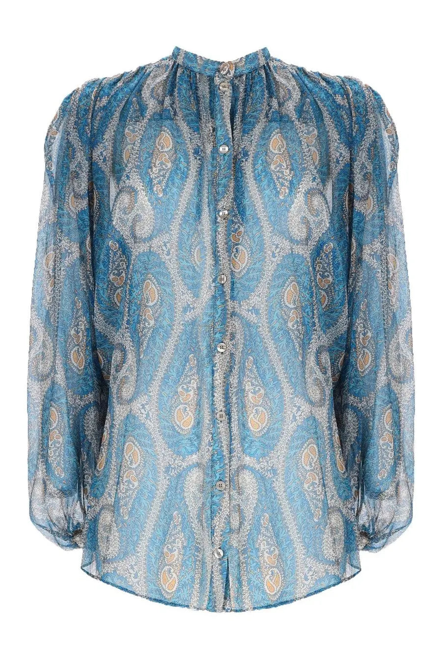 Etro womens silk shirt blue: sheer paisley blouse in teal, cream, beige