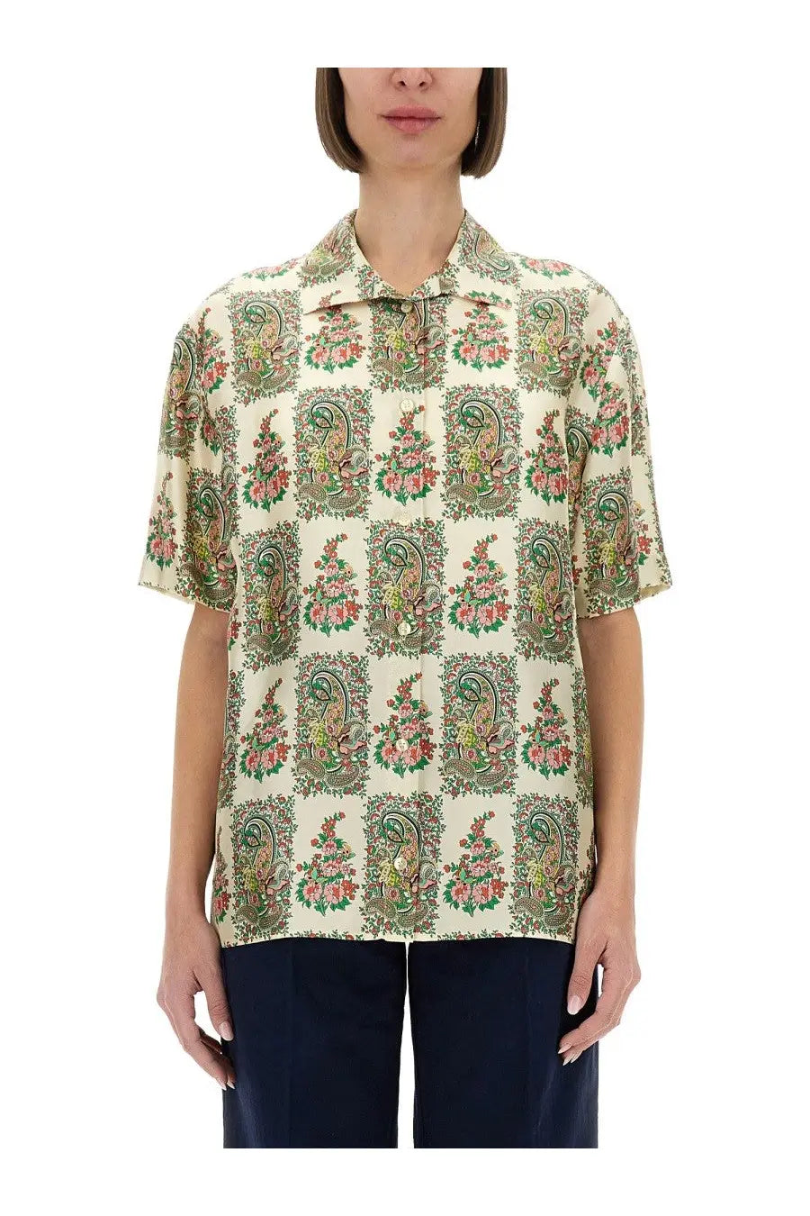Etro women’s cream silk shirt with short sleeves featuring multicolor green pink and brown paisley floral pattern