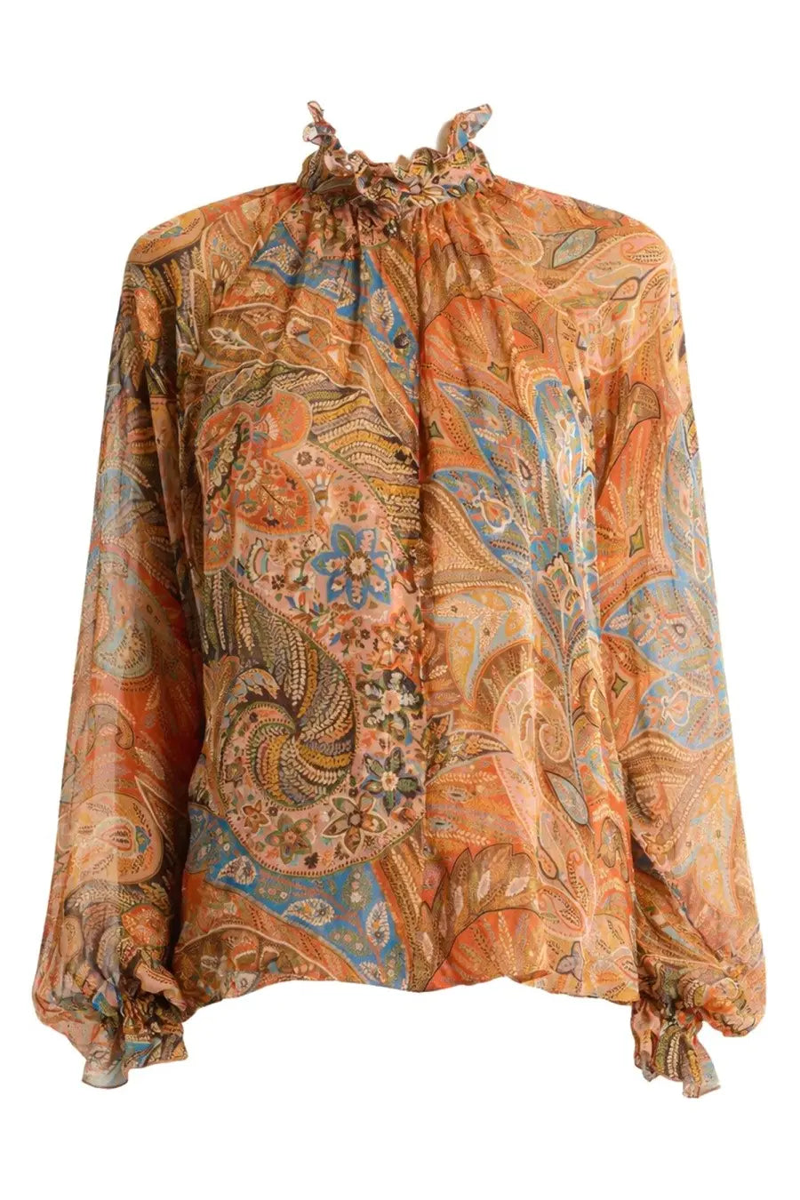 Etro women’s silk shirt orange flowing long-sleeved blouse with vibrant paisley pattern and ruffled cuffs and neckline